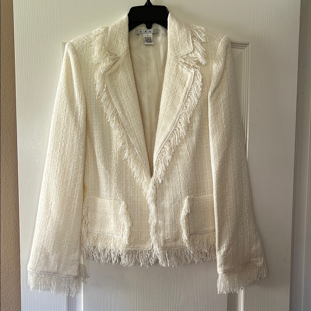 CAbi Cream Blazer with Textured Fabric and Frayed Trim